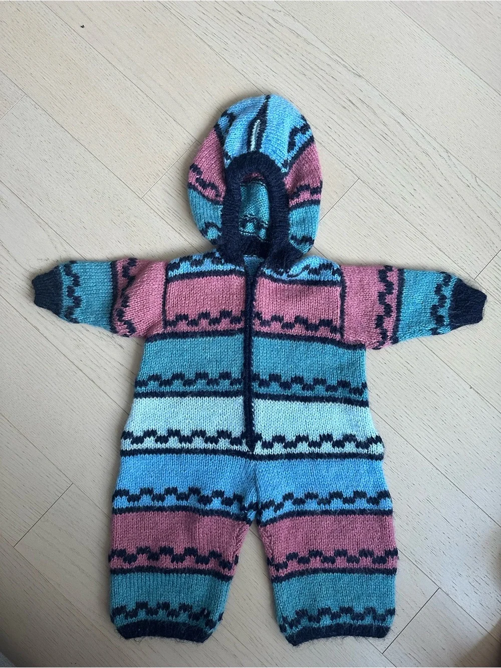 Hand-Knit Striped Hooded One-Piece in Pink and Teal